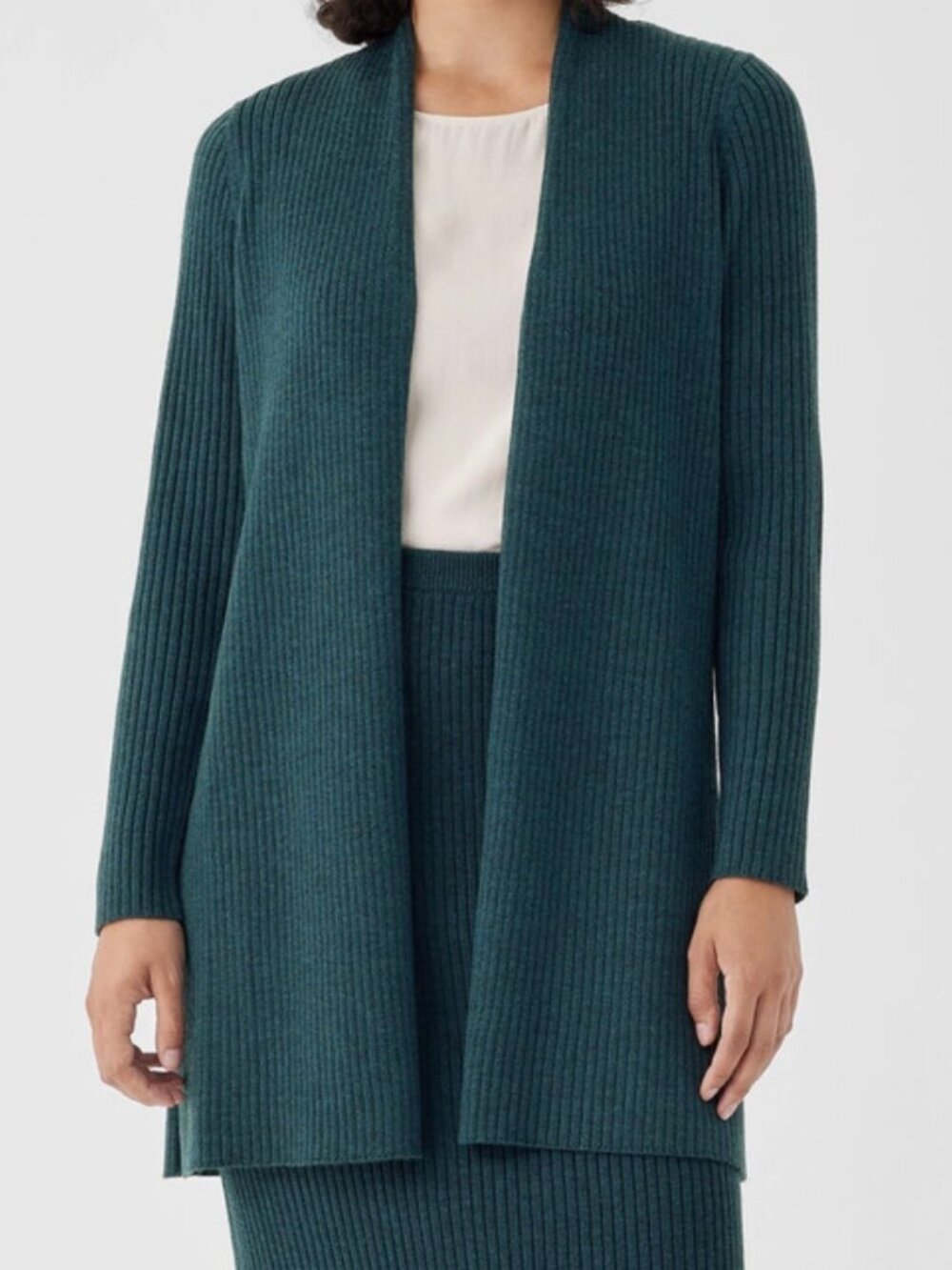 Eileen Fisher Merino High Collar Cardigan in Regenerative Wool, Alpine, 3X